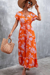 Floral Buttoned Drawstring Waist Tiered Dress - Trendsi - Flyclothing LLC