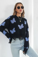 Printed Round Neck Ribbed Long Sleeve Sweater - Trendsi