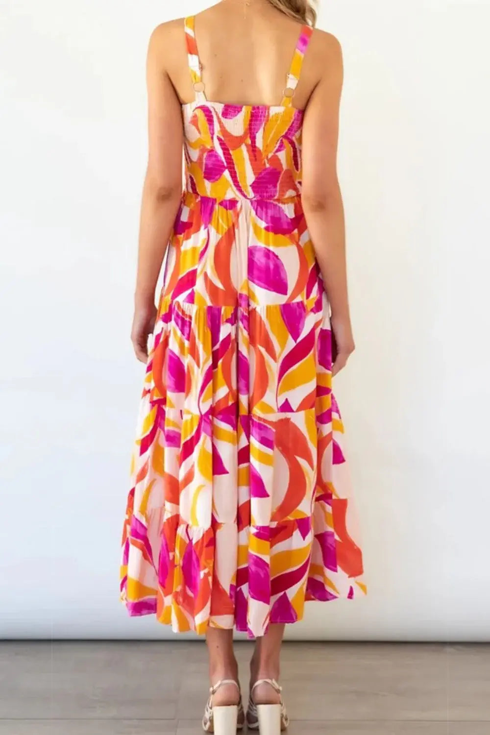 Printed Smocked Square Neck Tiered Sleeveless Dress - Trendsi - Flyclothing LLC
