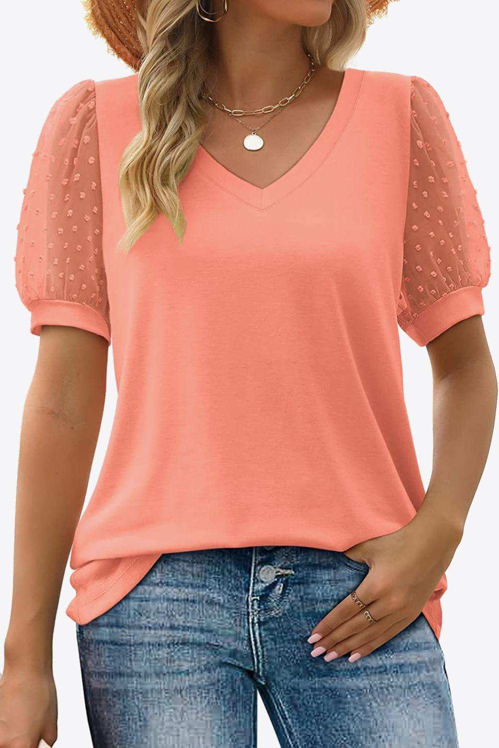 Swiss Dot Puff Sleeve V-Neck Tee - Trendsi - Flyclothing LLC