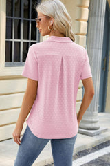 Pocketed Johnny Collar Short Sleeve Blouse - Trendsi - Flyclothing LLC