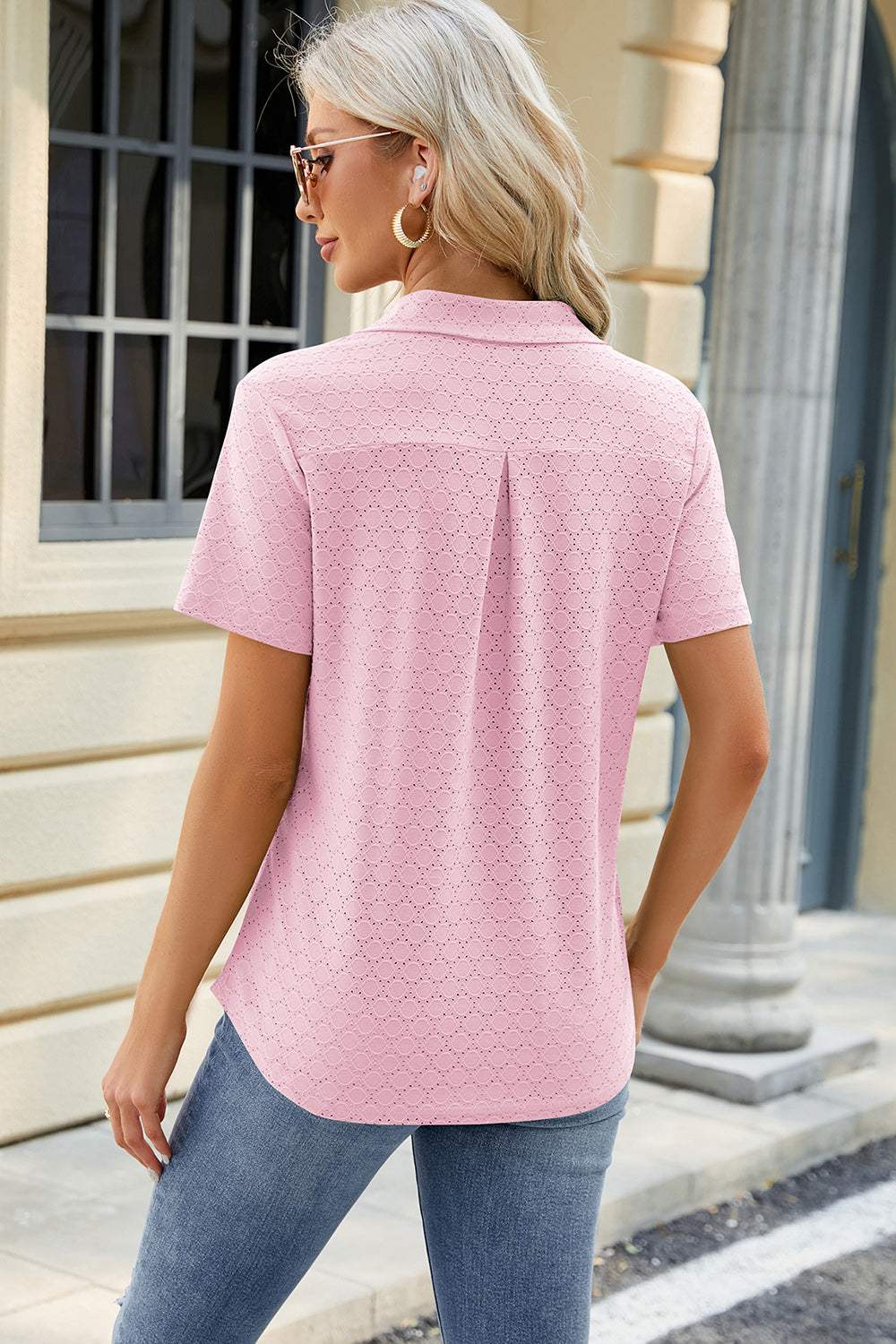 Pocketed Johnny Collar Short Sleeve Blouse - Trendsi - Flyclothing LLC