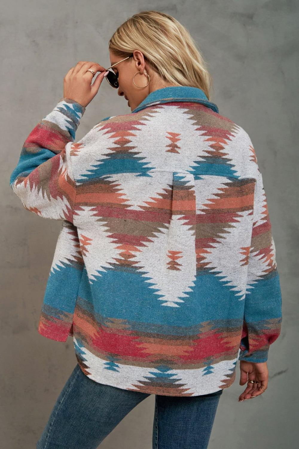 Printed Collared Neck Jacket - Trendsi