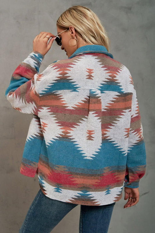 Printed Collared Neck Jacket - Trendsi