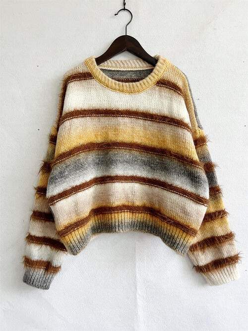 Striped Round Neck Long Sleeve Sweater - Trendsi - Flyclothing LLC