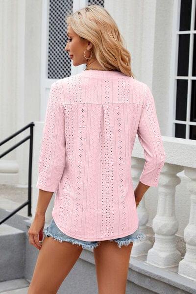 Eyelet Notched Knit Jacquard Top - Trendsi