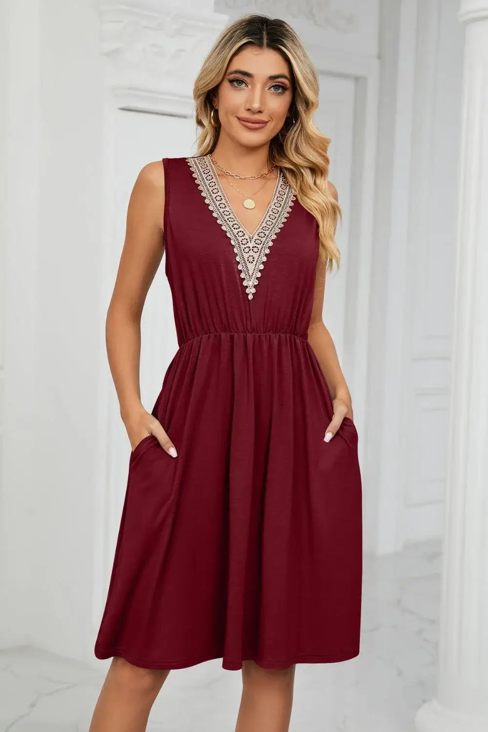 Contrast V-Neck Sleeveless Dress - Trendsi - Flyclothing LLC