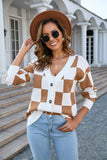 Button-Up Plaid V-Neck Dropped Shoulder Cardigan - Trendsi