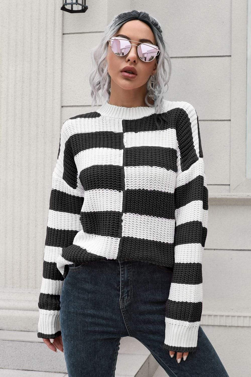 Color Block Dropped Shoulder Sweater - Trendsi - Flyclothing LLC