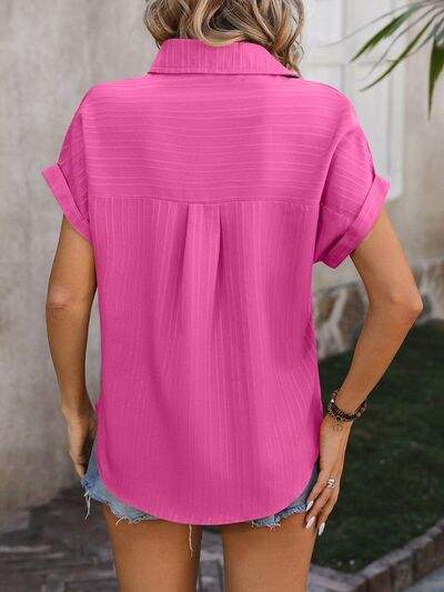 Textured Button Up Cap Sleeve Shirt - Trendsi - Flyclothing LLC
