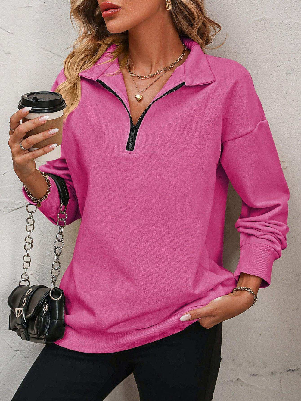 Zip-Up Dropped Shoulder Sweatshirt - Trendsi - Flyclothing LLC