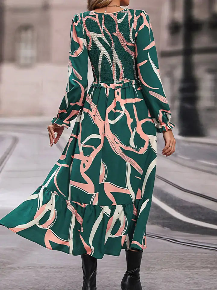 Printed Smocked V-Neck Three-Quarter Sleeve Midi Dress - Trendsi - Flyclothing LLC