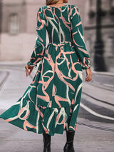 Printed Smocked V-Neck Three-Quarter Sleeve Midi Dress - Trendsi - Flyclothing LLC