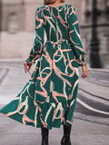 Printed Smocked V-Neck Three-Quarter Sleeve Midi Dress - Trendsi