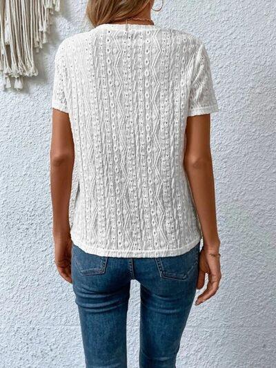 Eyelet Round Neck Short Sleeve T-Shirt - Trendsi