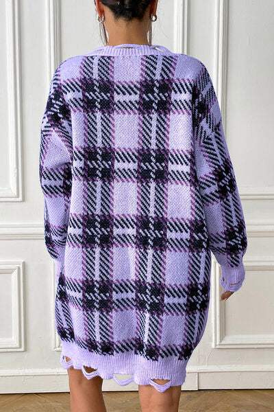 Plaid V-Neck Long Sleeve Sweater Dress - Trendsi - Flyclothing LLC