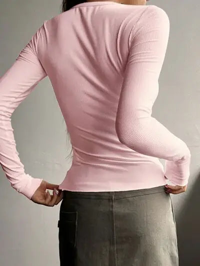Half Button Long Sleeve T-Shirt - Trendsi - Flyclothing LLC