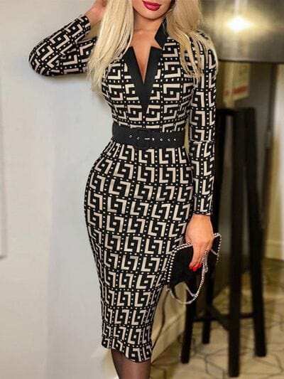 Printed Notched Long Sleeve Wrap Dress - Trendsi - Flyclothing LLC