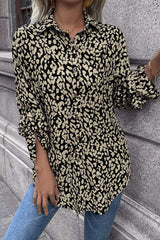 Leopard Roll-Tap Sleeve Shirt - Trendsi - Flyclothing LLC