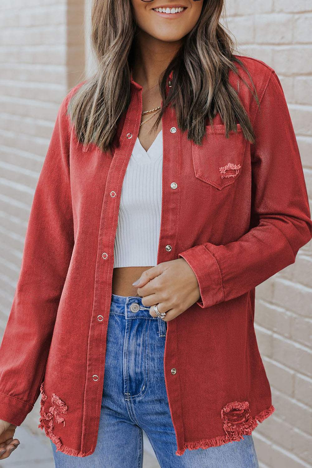 Distressed Raw Hem Snap Down Denim Jacket - Trendsi - Flyclothing LLC