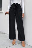 High Waist Ruched Tie Front Wide Leg Pants - Trendsi