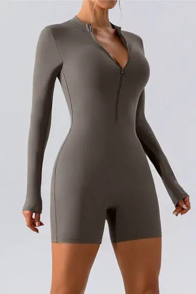 Half Zip Long Sleeve Active Romper - Trendsi - Flyclothing LLC
