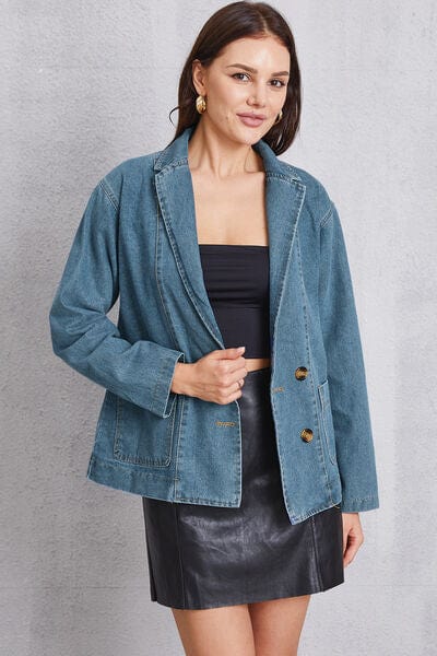Pocketed Button Up Denim Jacket - Trendsi