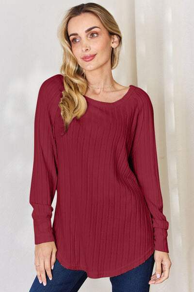 Basic Bae Full Size Ribbed Round Neck Slit T-Shirt - Trendsi - Flyclothing LLC