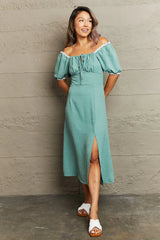 Swiss Dot Slit Off-Shoulder Dress - Trendsi - Flyclothing LLC
