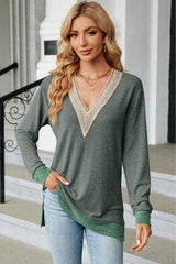 Slit V-Neck Long Sleeve T-Shirt - Trendsi - Flyclothing LLC