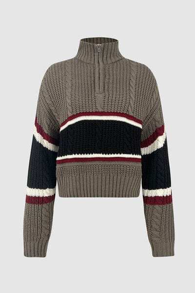Cable-Knit Striped Quarter Zip Turtleneck Sweater - Trendsi - Flyclothing LLC