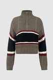 Cable-Knit Striped Quarter Zip Turtleneck Sweater - Trendsi - Flyclothing LLC