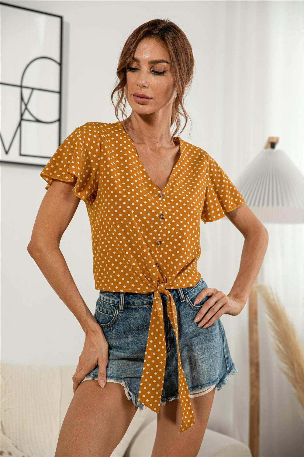 Decorative Button V-Neck Tied Blouse - Trendsi - Flyclothing LLC