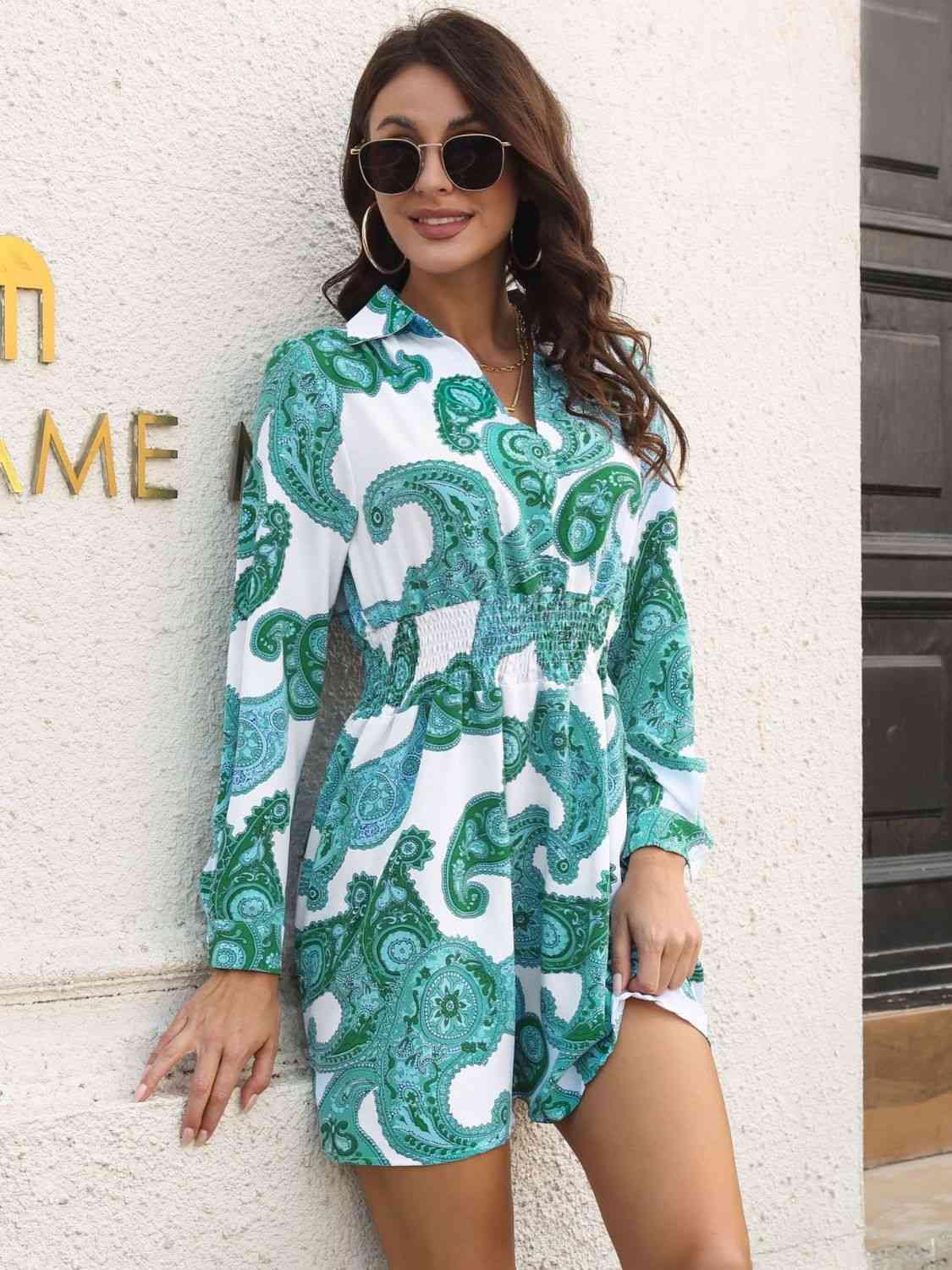 Paisley Print Johnny Collar Smocked Dress - Trendsi