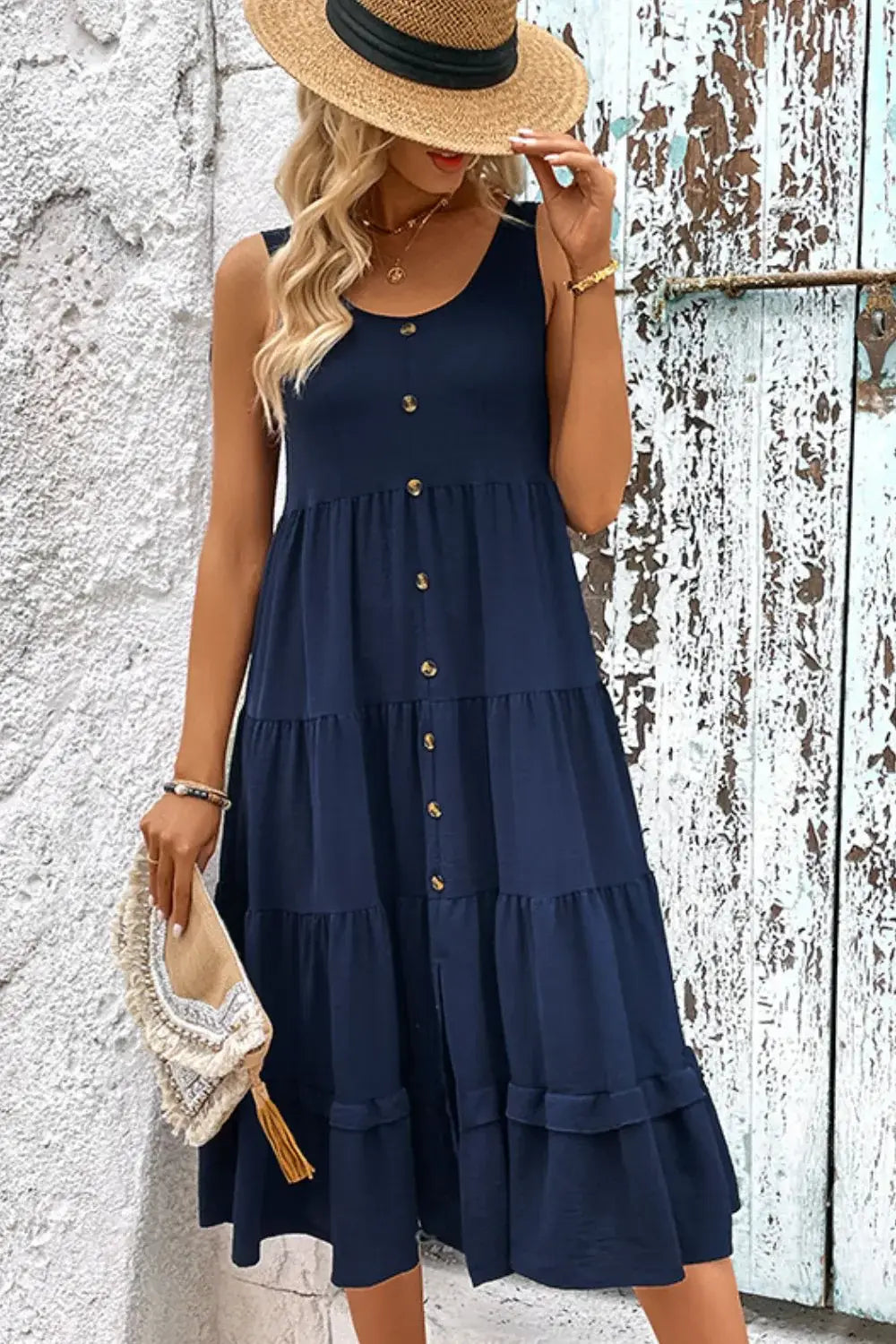 Decorative Button Scoop Neck Tiered Sleeveless Dress - Trendsi - Flyclothing LLC