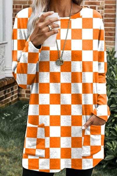 Checkered Round Neck Long Sleeve T-Shirt with Pockets - Trendsi - Flyclothing LLC