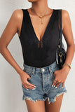 Spliced Lace Deep V Sleeveless Bodysuit - Trendsi