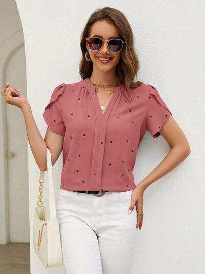 Heart Print Notched Petal Sleeve Blouse - Trendsi - Flyclothing LLC