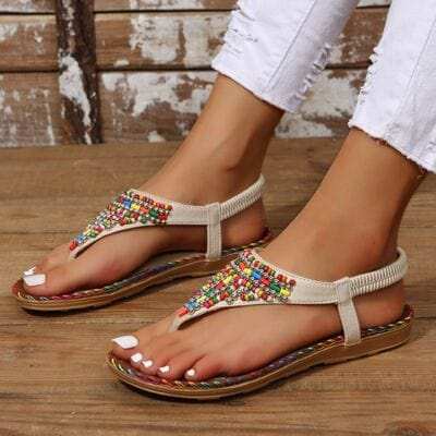 Beaded PU Leather Open Toe Sandals - Trendsi - Flyclothing LLC