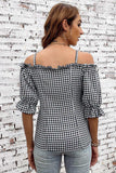Plaid Buttoned Sweetheart Neck Cold-Shoulder Top - Trendsi
