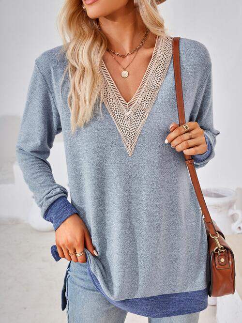Crochet Contrast V-Neck Long Sleeve Slit T-Shirt - Trendsi - Flyclothing LLC