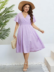 Plus Size Printed Smocked Waist Surplice Dress - Trendsi