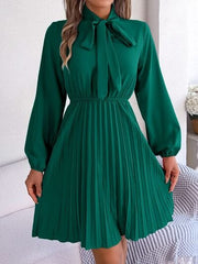 Tie Neck Balloon Sleeve Pleated Dress - Trendsi