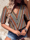 Printed V-Neck Button-Up Short Sleeve Top - Trendsi - Flyclothing LLC