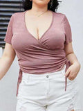 Plus Size Ruched Tied Surplice Blouse - Trendsi - Flyclothing LLC