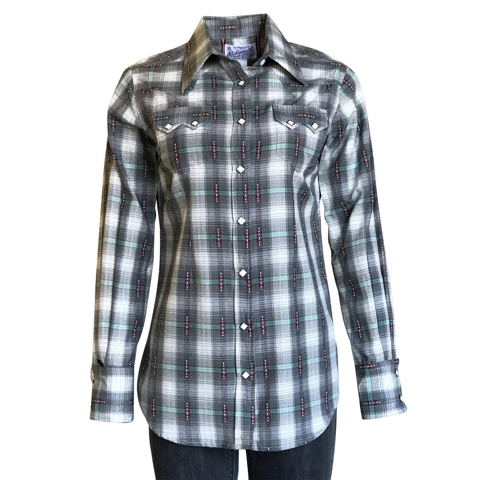 Women's Shadow Plaid Dobby Lurex Western Shirt in Grey - Flyclothing LLC
