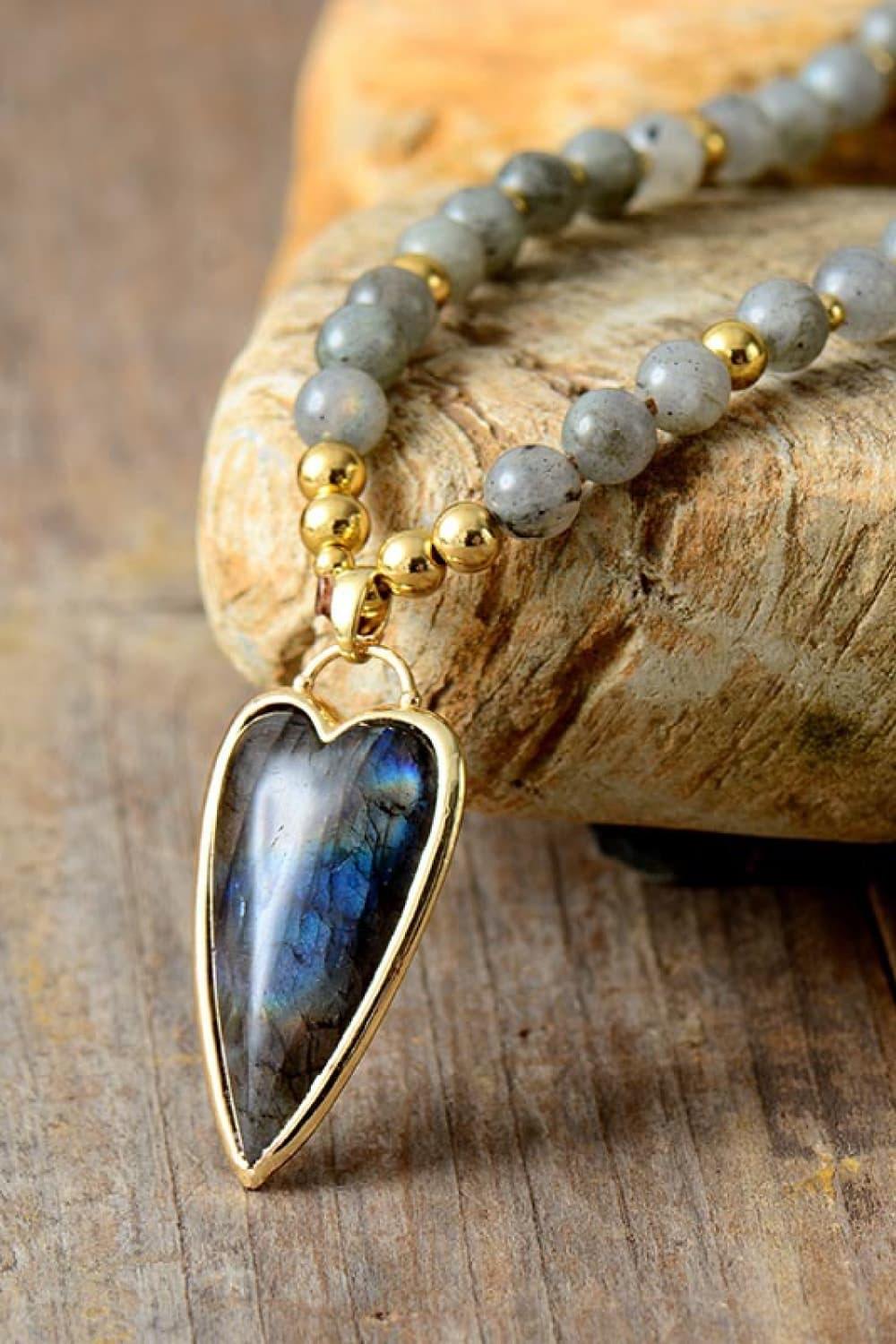 Natural Stone Pendant Beaded Necklace - Trendsi