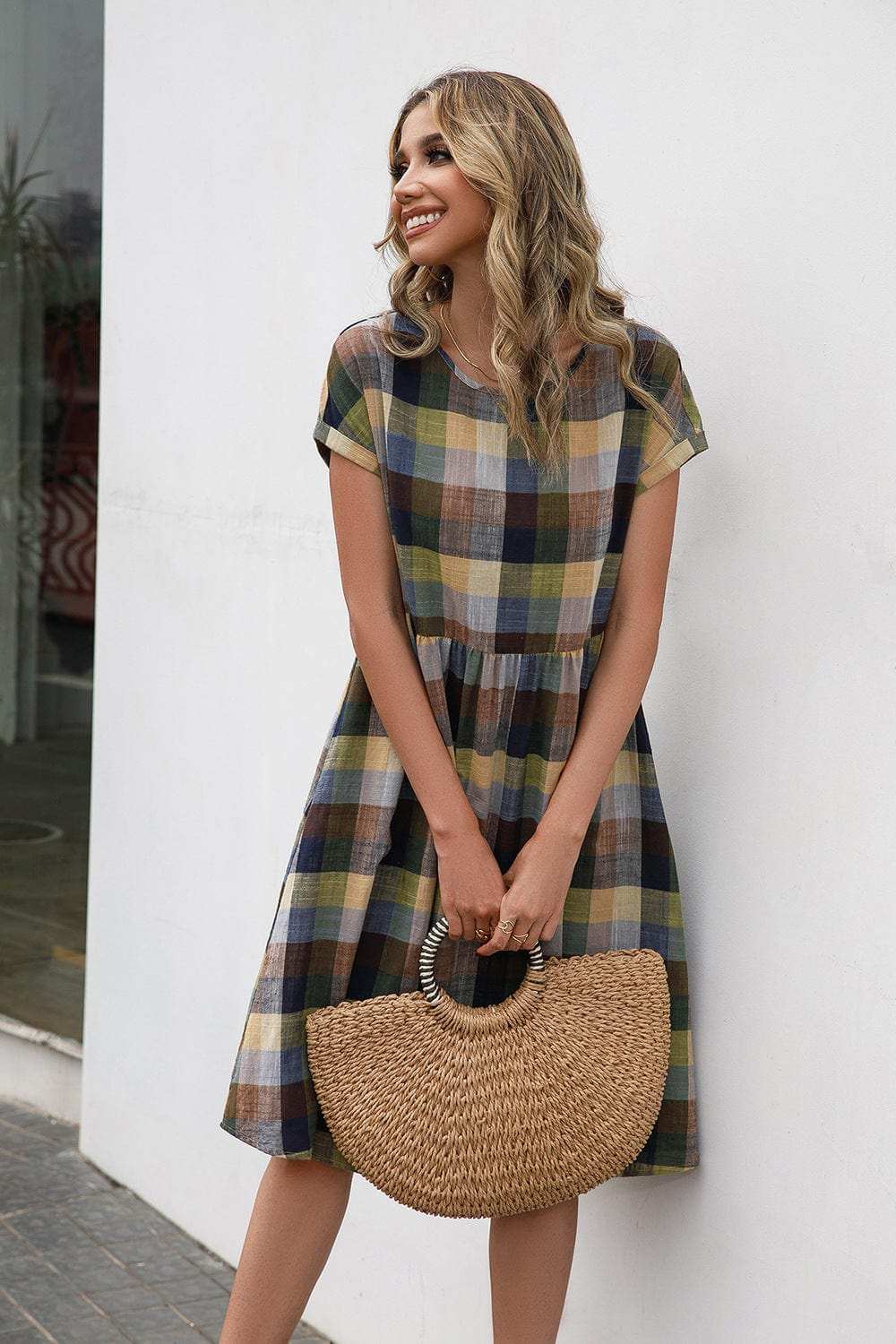 Plaid Round Neck Cap Sleeve Dress - Trendsi - Flyclothing LLC