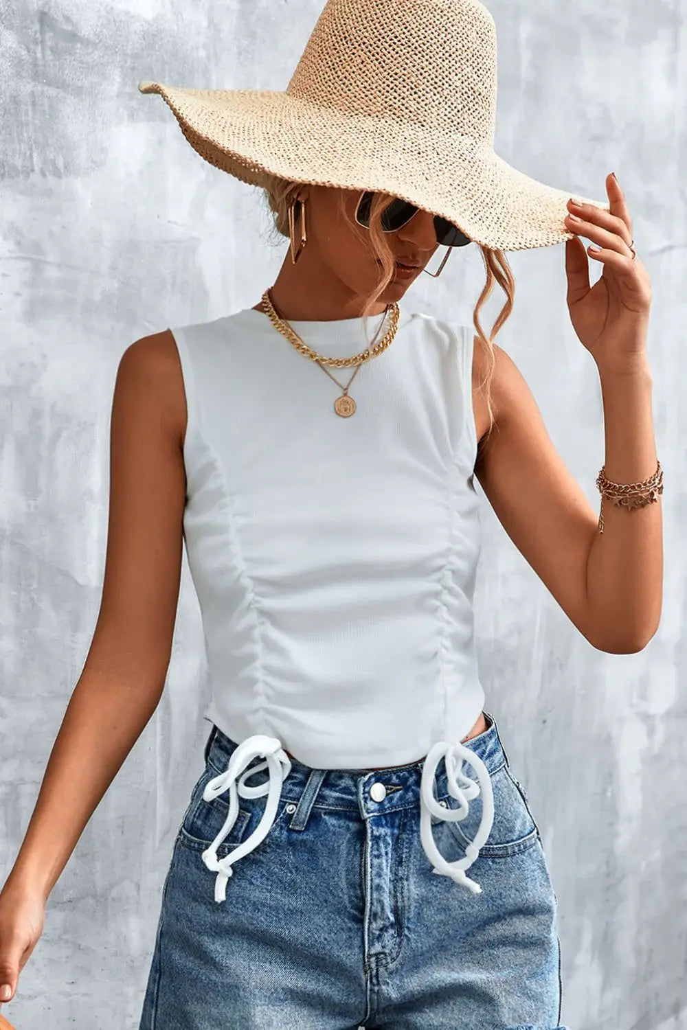 Drawstring Detail Round Neck Tank - Trendsi - Flyclothing LLC