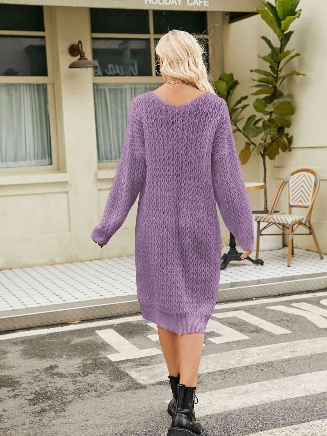 V-Neck Long Sleeve Sweater Dress - Trendsi - Flyclothing LLC